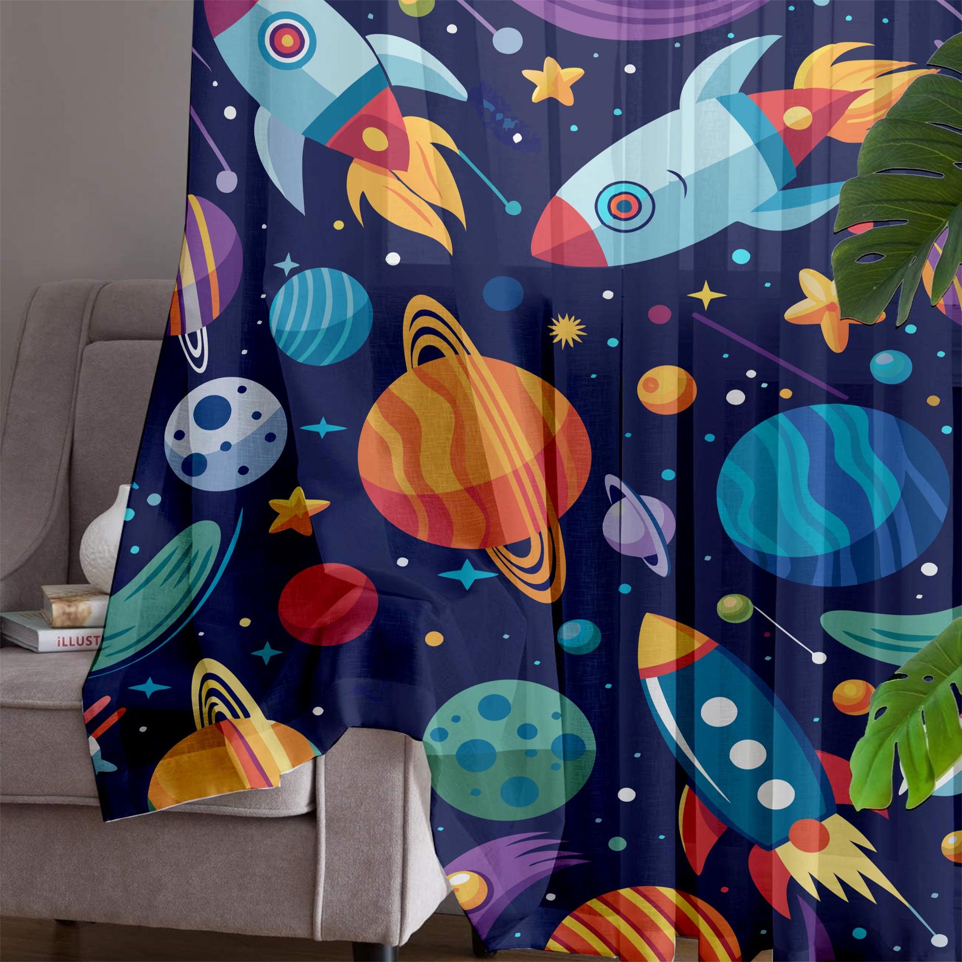 Galaxy Rocket Planets Sheer Curtain for Kids Room, Lightweight Space Stars Nursery Net Voile, Kids Room Window Drapes, Machine Washable