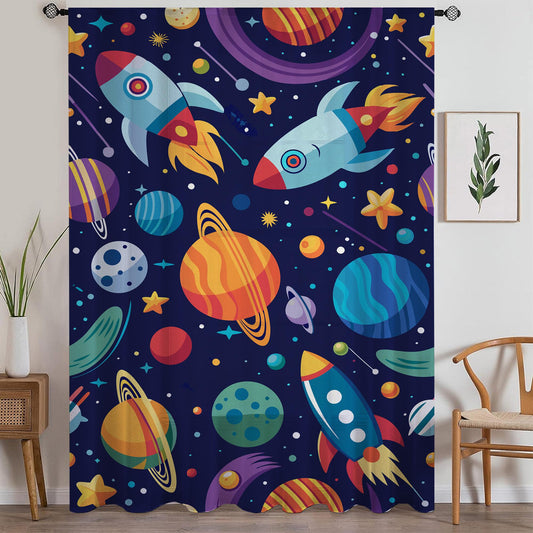 Galaxy Rocket Planets Sheer Curtain for Kids Room, Lightweight Space Stars Nursery Net Voile, Kids Room Window Drapes, Machine Washable