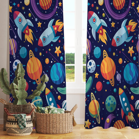 Galaxy Rocket Planets Sheer Curtain for Kids Room, Lightweight Space Stars Nursery Net Voile, Kids Room Window Drapes, Machine Washable