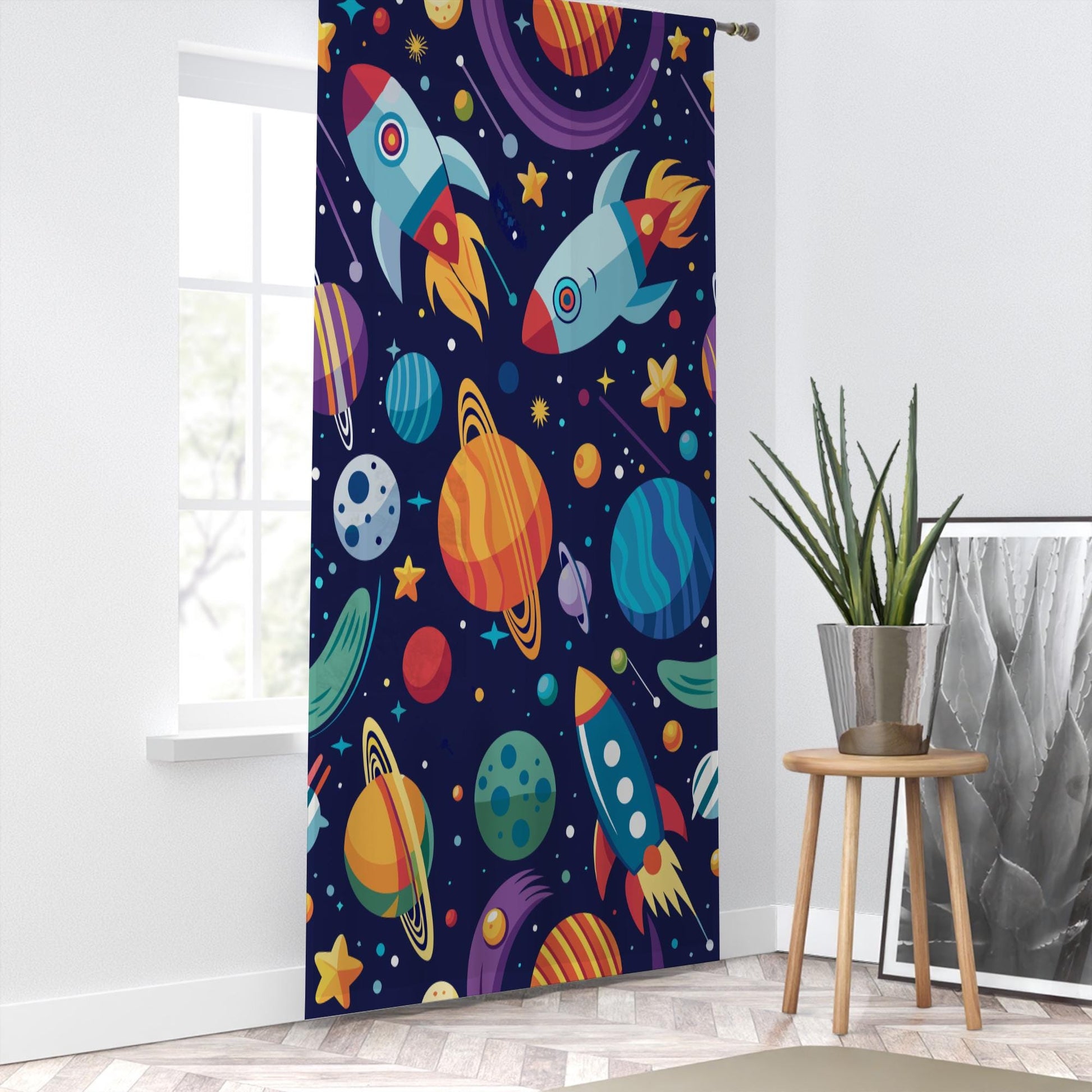 Galaxy Rocket Planets Sheer Curtain for Kids Room, Lightweight Space Stars Nursery Net Voile, Kids Room Window Drapes, Machine Washable