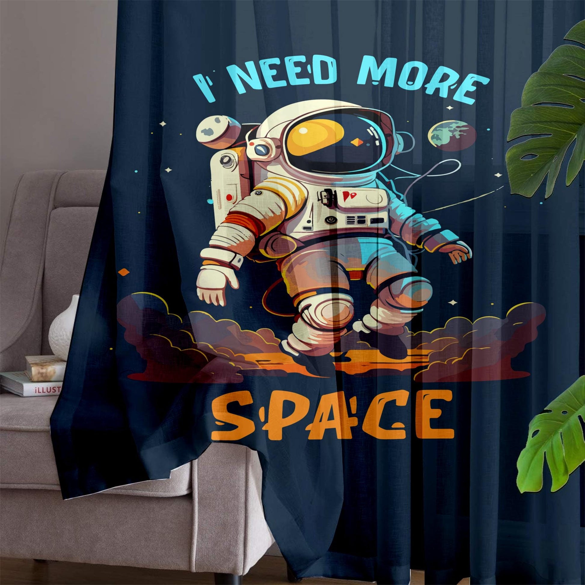 Astronaut Sheer Curtain for Kids Room, Lightweight Space Nursery Net Voile, Kids Room Window Drapes, Machine Washable