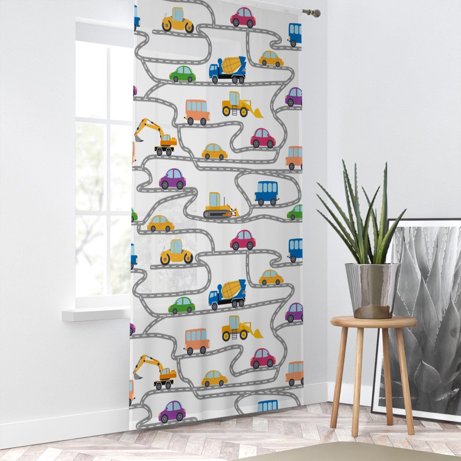 Construction Equipment Sheer Curtain for Kids Room, Lightweight Road Car Nursery Net Voile, Kids Room Window Drapes, Machine Washable