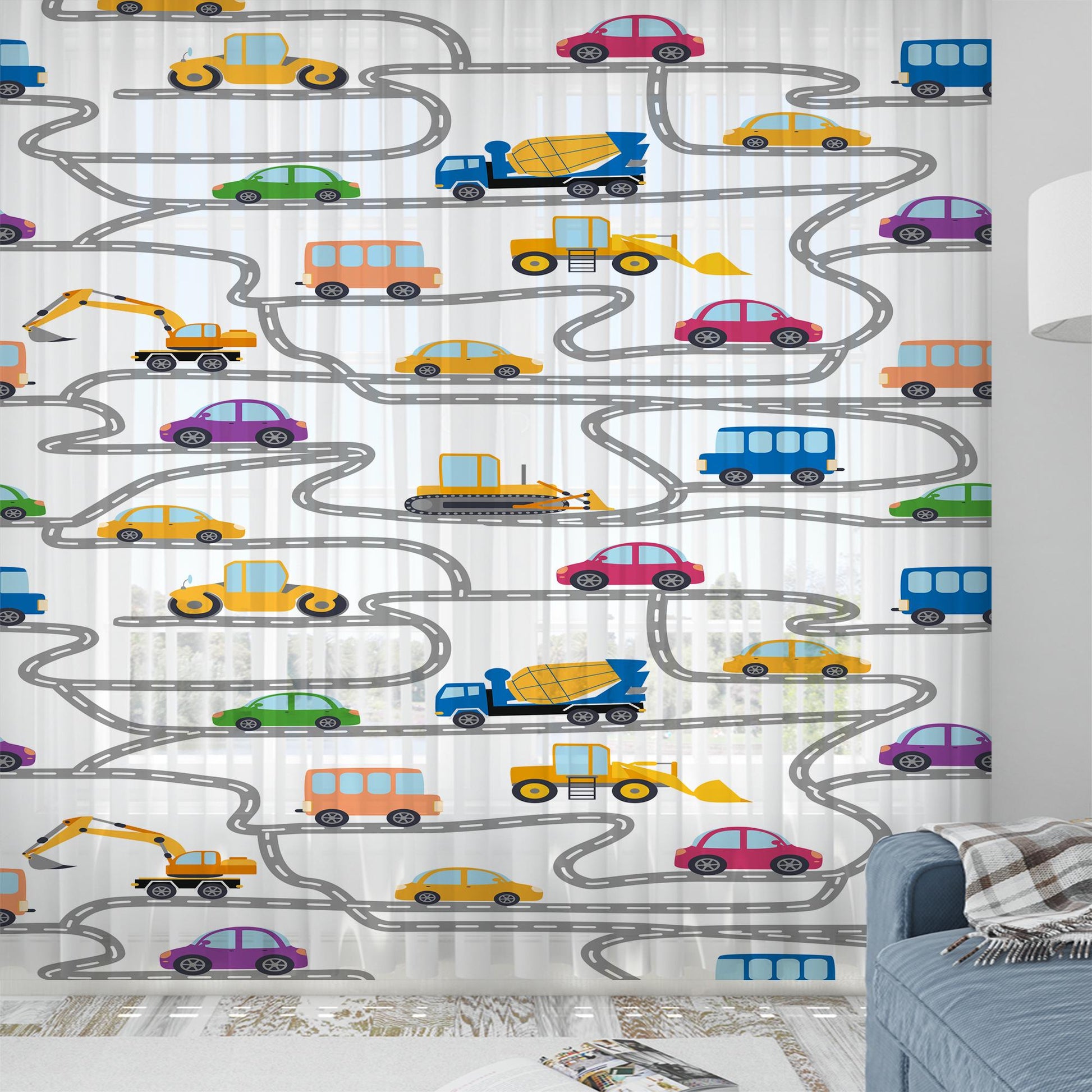 Construction Equipment Sheer Curtain for Kids Room, Lightweight Road Car Nursery Net Voile, Kids Room Window Drapes, Machine Washable