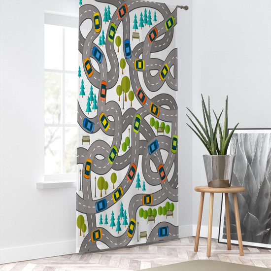 City Road Map Sheer Curtain for Kids Room, Lightweight Traffic Car Nursery Net Voile, Kids Room Window Drapes, Machine Washable