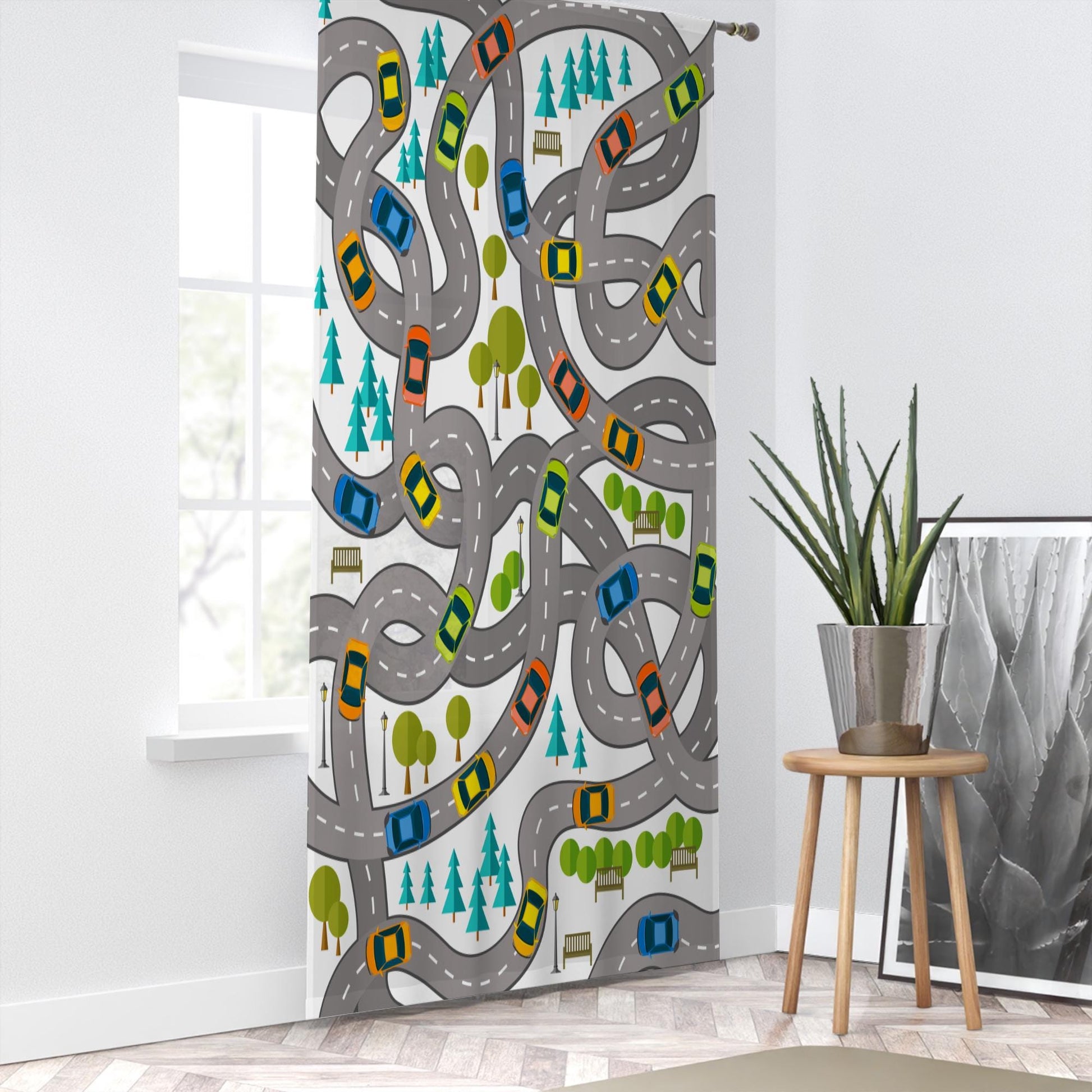 City Road Map Sheer Curtain for Kids Room, Lightweight Traffic Car Nursery Net Voile, Kids Room Window Drapes, Machine Washable