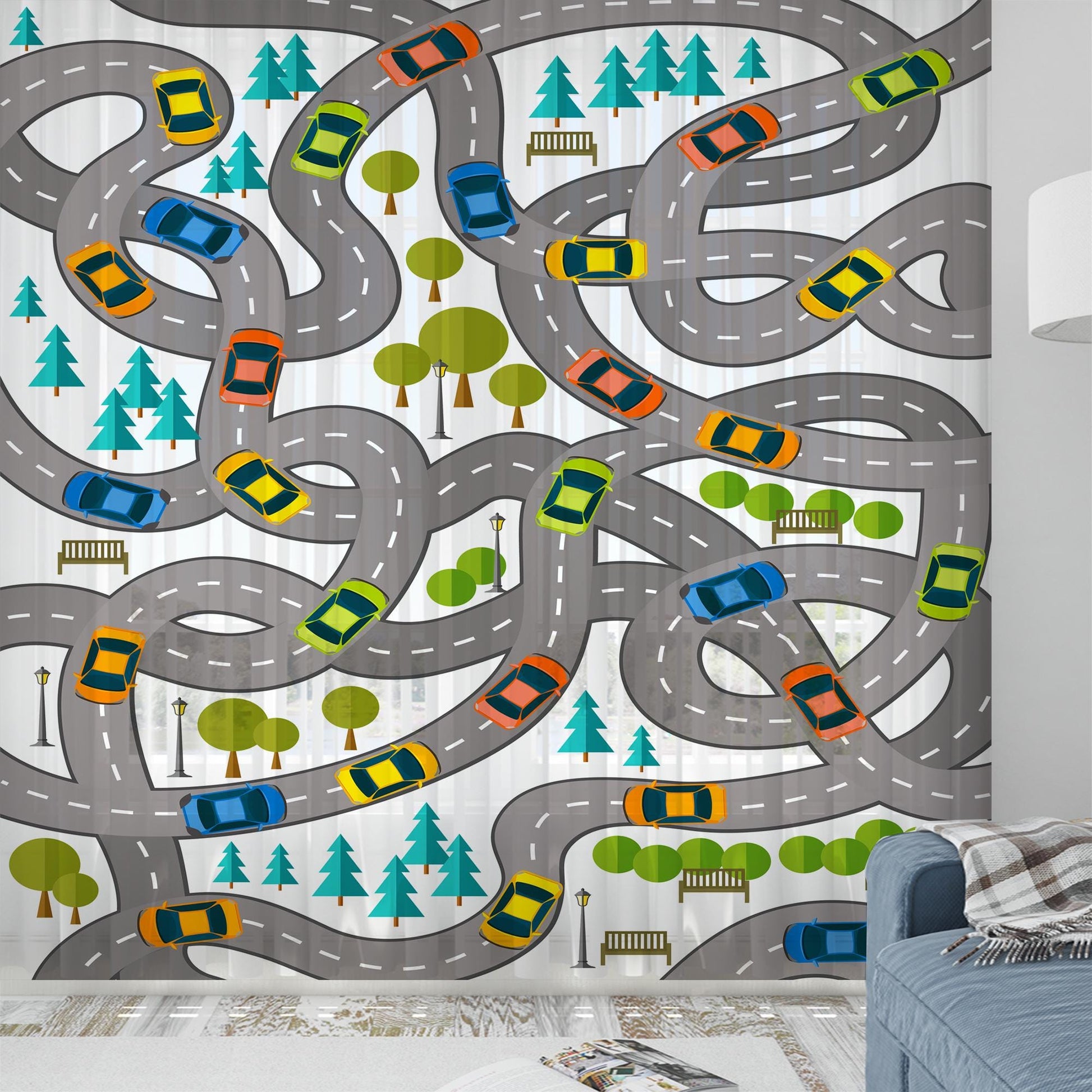 City Road Map Sheer Curtain for Kids Room, Lightweight Traffic Car Nursery Net Voile, Kids Room Window Drapes, Machine Washable