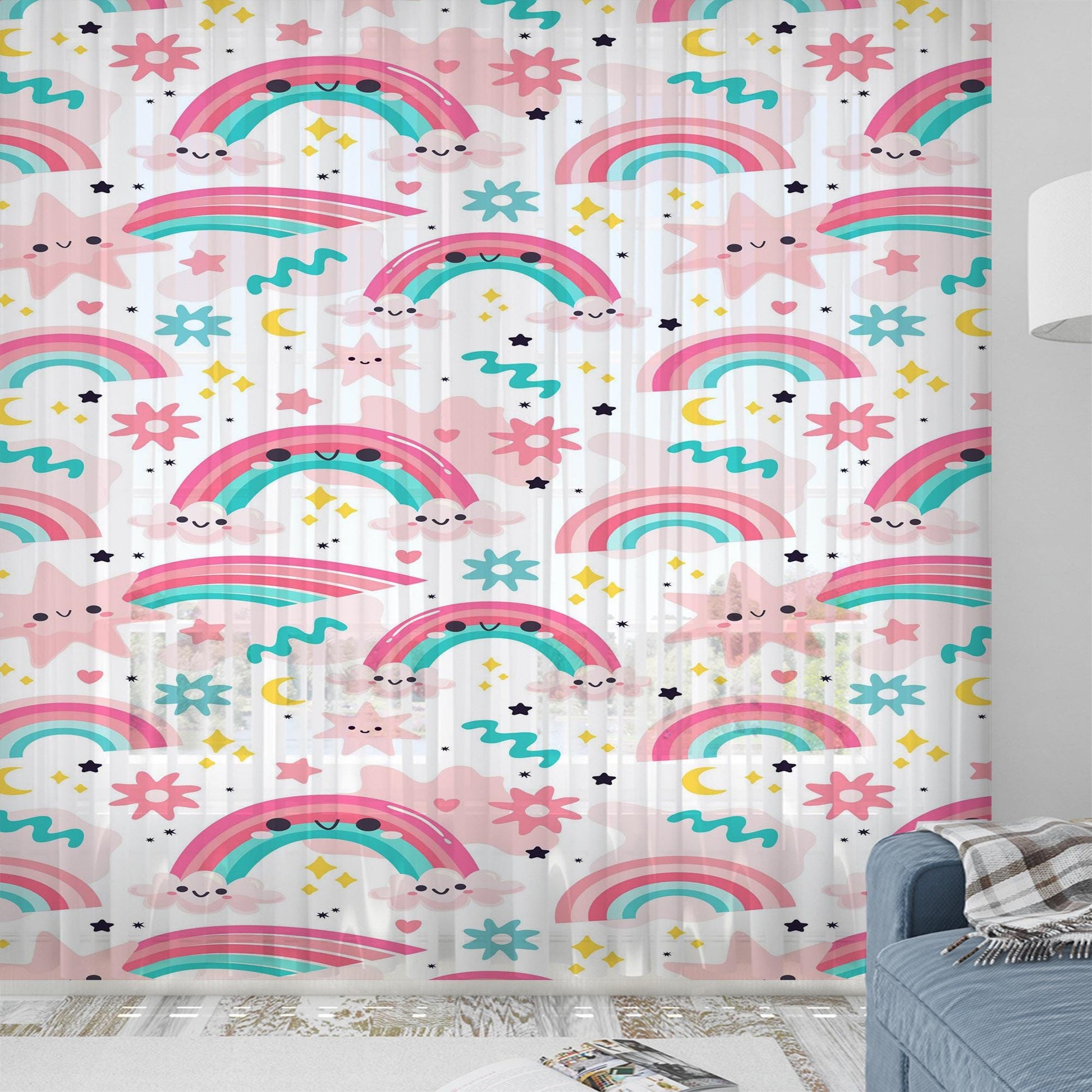 Cute Pink Rainbow Star Sheer Curtain for Girls Kids Room, Lightweight Stars Nursery Net Voile, Kids Room Window Drapes, Machine Washable