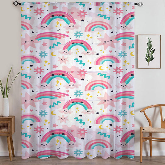 Cute Pink Rainbow Star Sheer Curtain for Girls Kids Room, Lightweight Stars Nursery Net Voile, Kids Room Window Drapes, Machine Washable