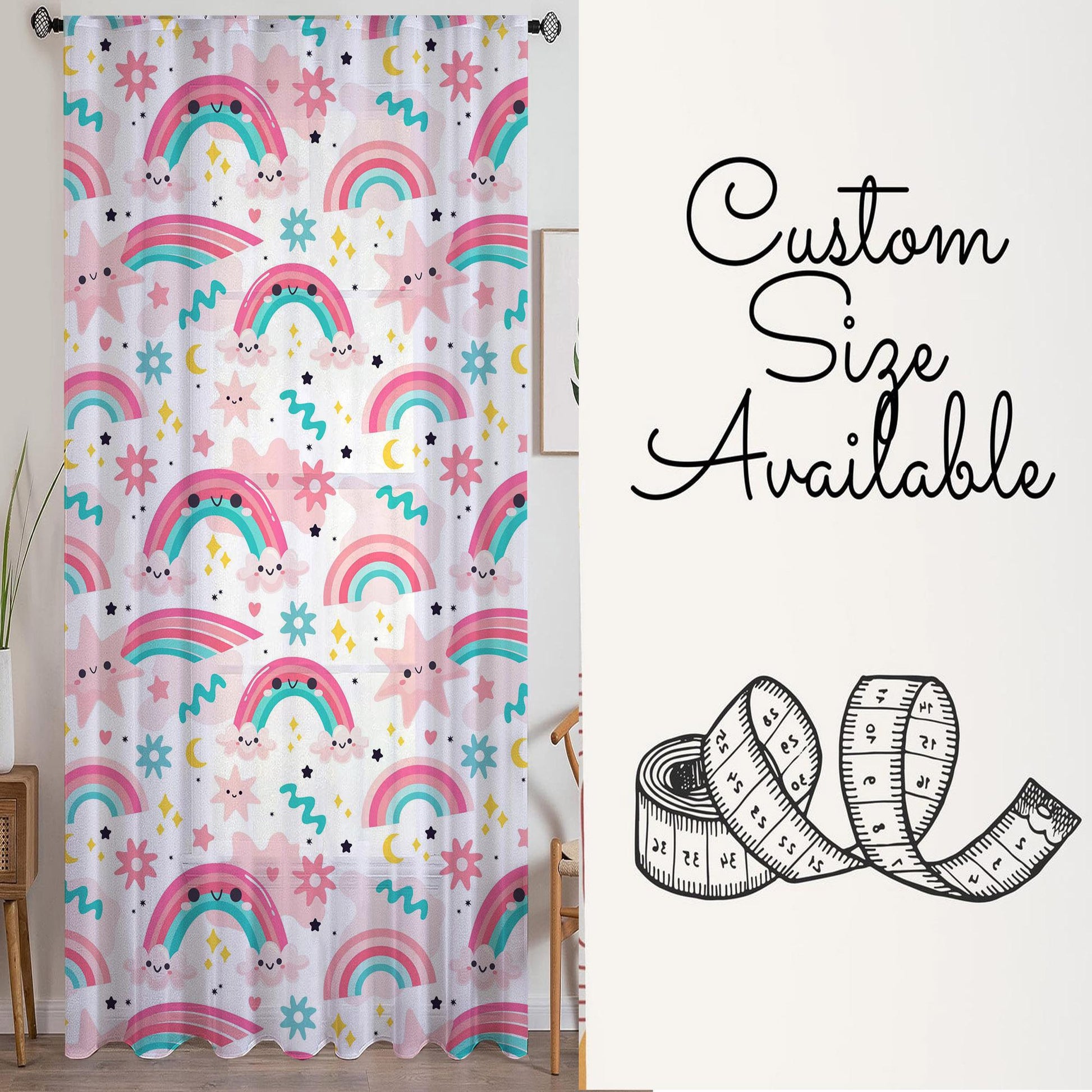 Cute Pink Rainbow Star Sheer Curtain for Girls Kids Room, Lightweight Stars Nursery Net Voile, Kids Room Window Drapes, Machine Washable