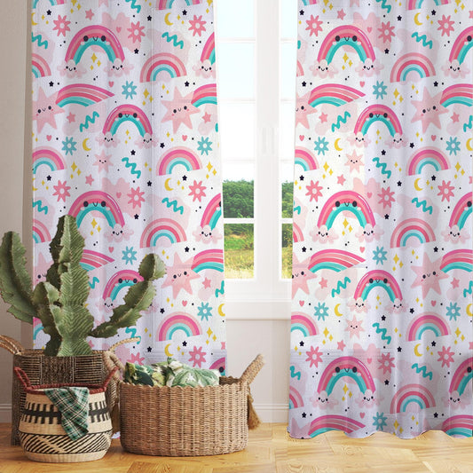 Cute Pink Rainbow Star Sheer Curtain for Girls Kids Room, Lightweight Stars Nursery Net Voile, Kids Room Window Drapes, Machine Washable