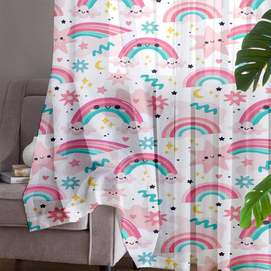 Cute Pink Rainbow Star Sheer Curtain for Girls Kids Room, Lightweight Stars Nursery Net Voile, Kids Room Window Drapes, Machine Washable