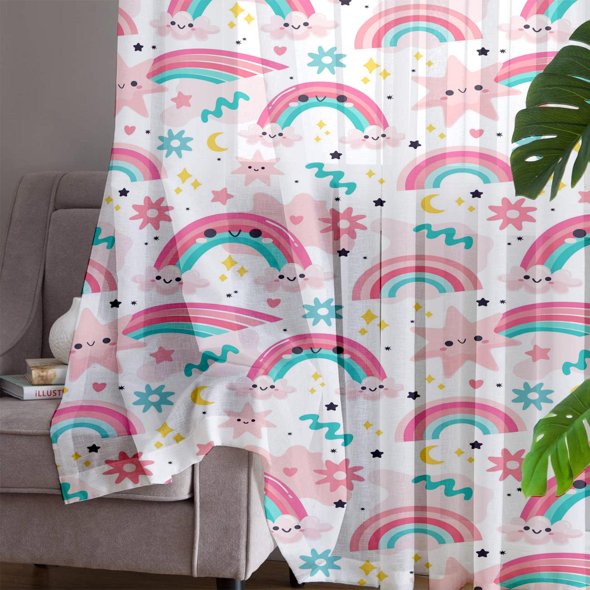 Cute Pink Rainbow Star Sheer Curtain for Girls Kids Room, Lightweight Stars Nursery Net Voile, Kids Room Window Drapes, Machine Washable