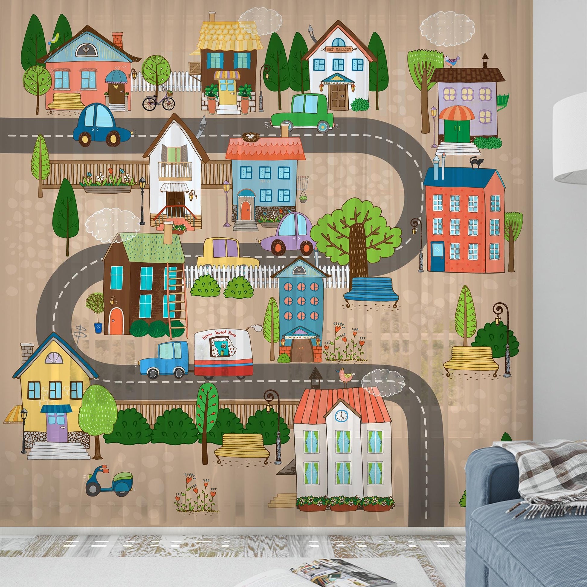 Houses Road Town Map Sheer Curtain for Girls Kids Room, Lightweight  Nursery Net Voile, Kids Room Window Drapes, Machine Washable