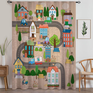 Houses Road Town Map Sheer Curtain for Girls Kids Room, Lightweight  Nursery Net Voile, Kids Room Window Drapes, Machine Washable