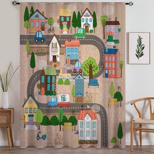 Houses Road Town Map Sheer Curtain for Girls Kids Room, Lightweight  Nursery Net Voile, Kids Room Window Drapes, Machine Washable