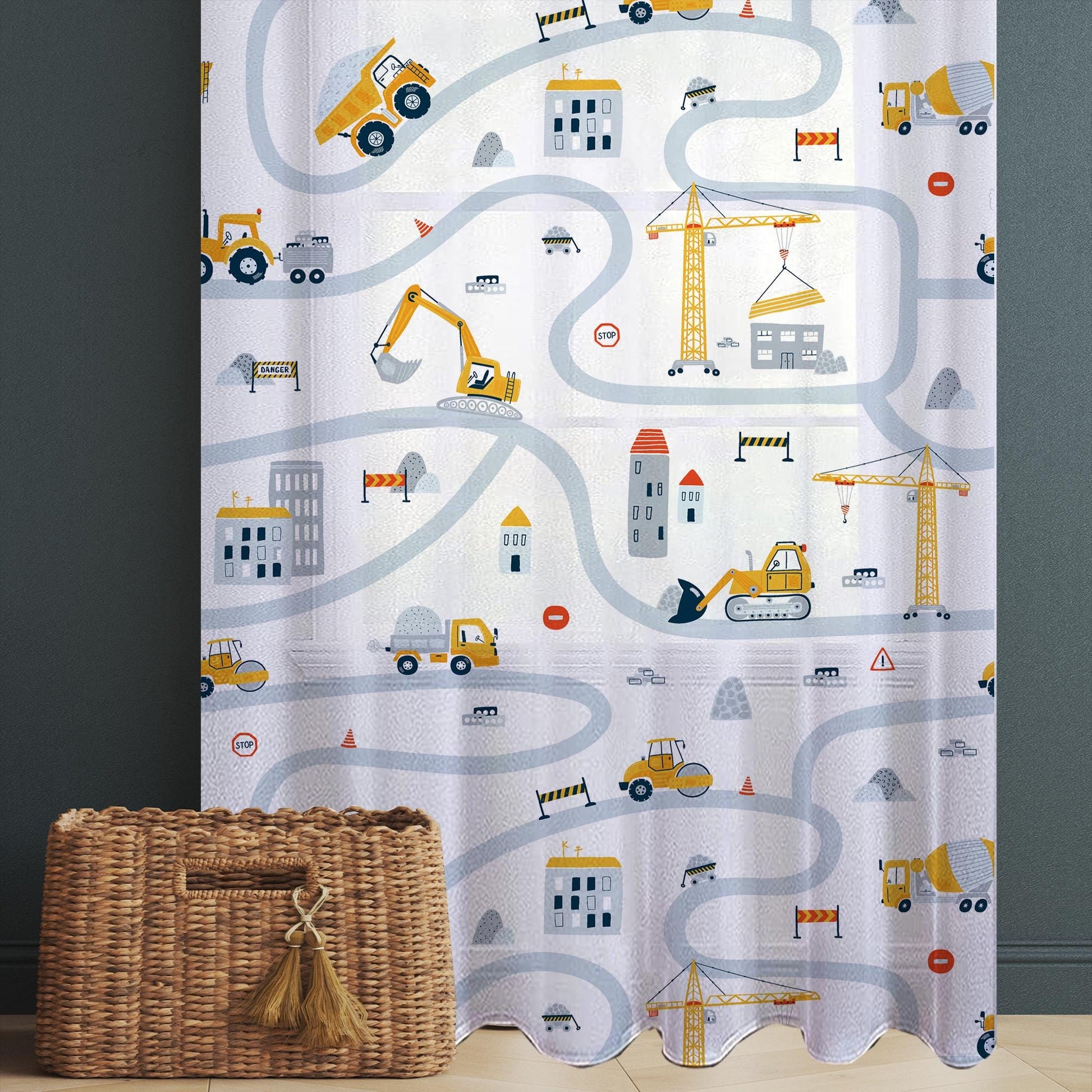 Construction Equipment Sheer Curtain for Boys Kids Room, Lightweight  Nursery Net Voile, Kids Room Window Drapes, Machine Washable