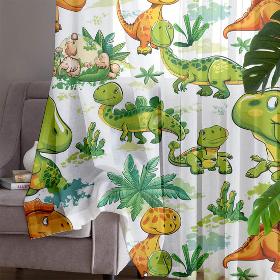 Dinosaur Sheer Curtain for Kids Room, Lightweight Green Orange Dino Jurassic Nursery Net Voile, Kids Room Window Drapes, Machine Washable