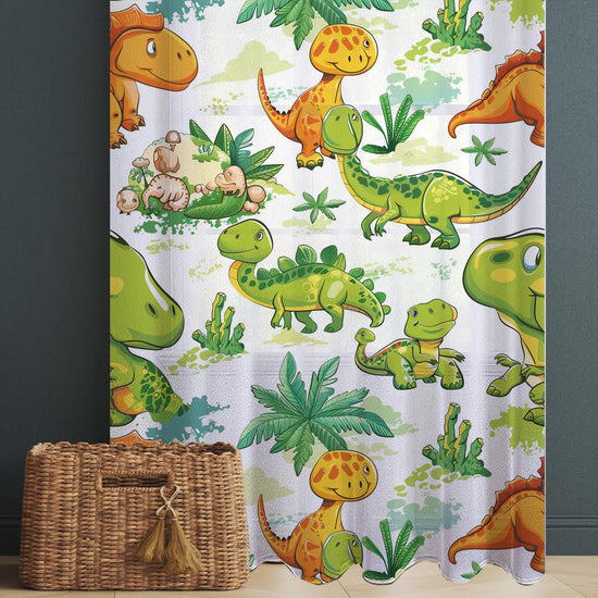 Dinosaur Sheer Curtain for Kids Room, Lightweight Green Orange Dino Jurassic Nursery Net Voile, Kids Room Window Drapes, Machine Washable