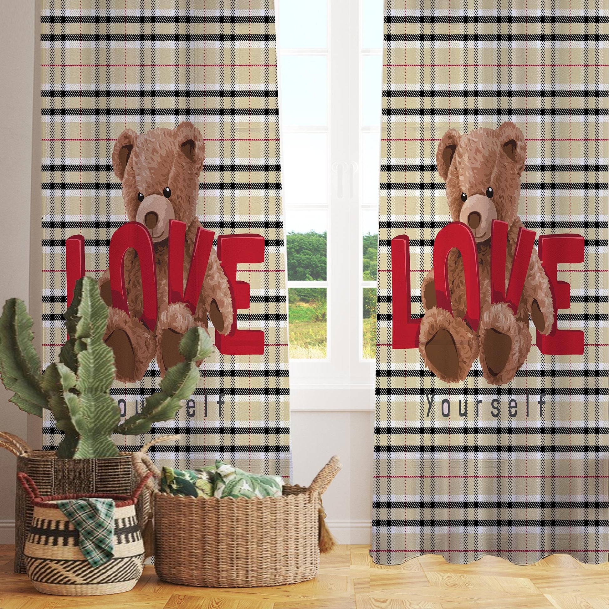 Cute Bear Sheer Curtain for Kids Room, Lightweight  Love Hearts Nursery Net Voile, Kids Room Window Drapes, Machine Washable