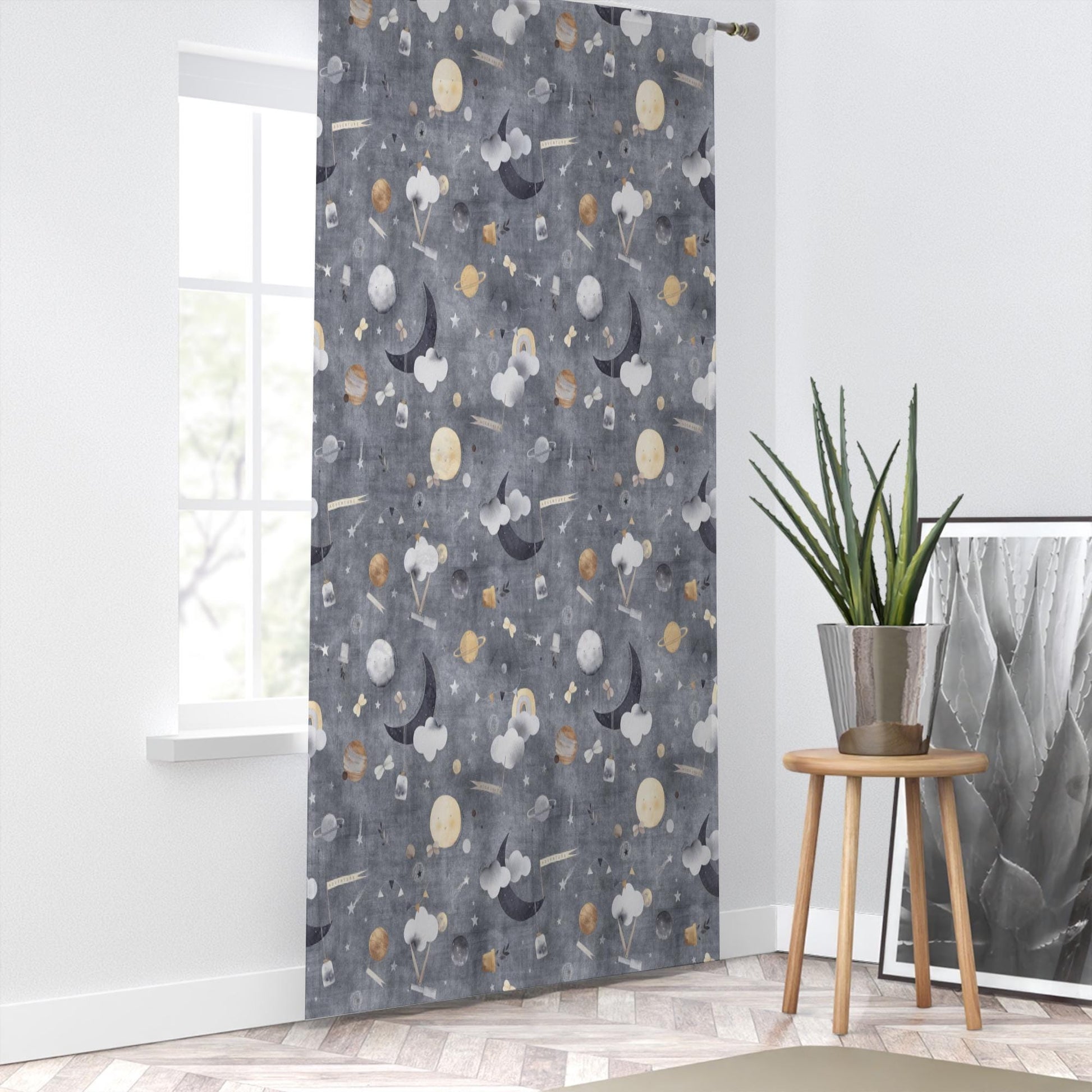 Gray Moon Sheer Curtain for Kids Room, Lightweight Clouds Stars Nursery Net Voile, Kids Room Window Drapes, Machine Washable
