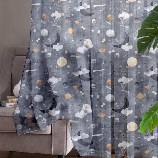 Gray Moon Sheer Curtain for Kids Room, Lightweight Clouds Stars Nursery Net Voile, Kids Room Window Drapes, Machine Washable