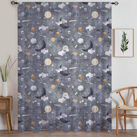 Gray Moon Sheer Curtain for Kids Room, Lightweight Clouds Stars Nursery Net Voile, Kids Room Window Drapes, Machine Washable
