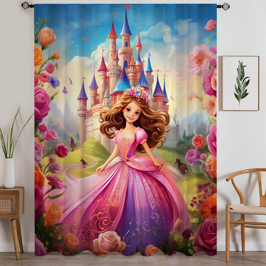 Colorful Medieval Castle Sheer Curtain for Kids Room, Lightweight Princess Nursery Net Voile, Kids Room Window Drapes, Machine Washable
