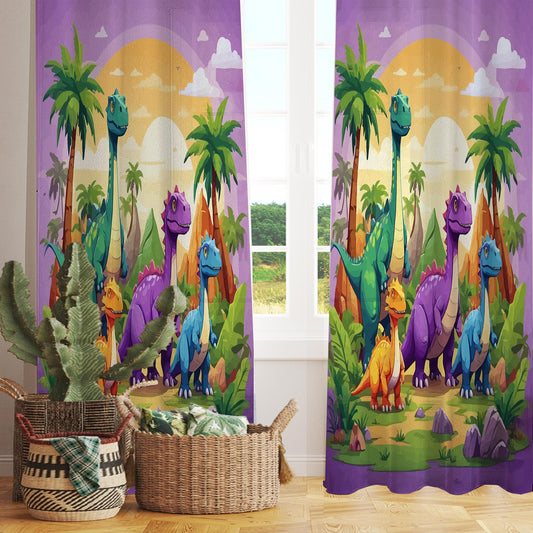Colorful Dinosaur Forest Sheer Curtain for Kids Room, Lightweight Jurassic Theme Nursery Net Voile, Kids Room Window Drapes