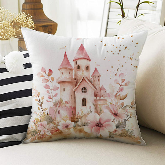 Kids Room Decor Cute Pink Castle Pillow Covers, Bold Nursery Cushion & Decorative Girls Throw Pillowcases for Playroom
