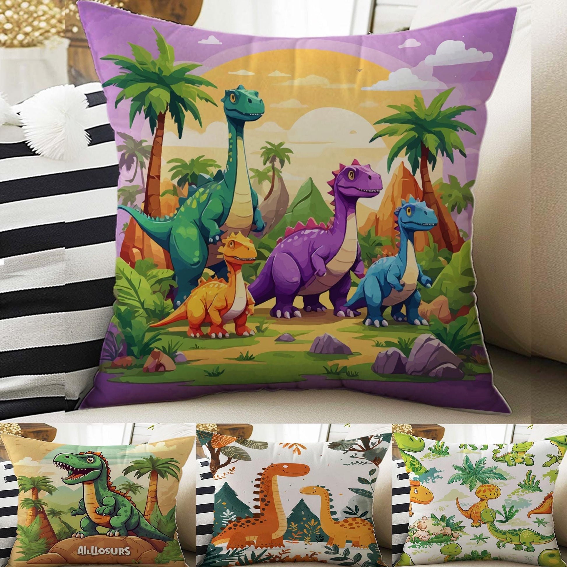 Kids Room Decor Cute Dinosaur Pillow Covers, Bold Nursery Cushion & Decorative Children Throw Pillowcases for Playroom
