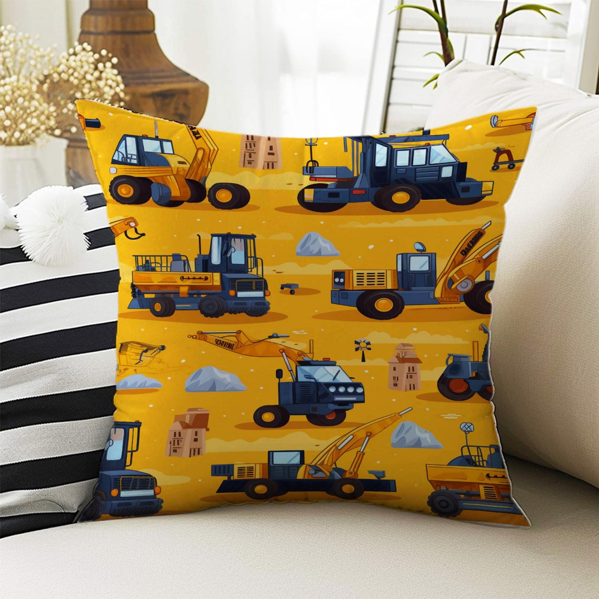 Kids Room Decor Construction Equipment Pillow Covers, Bold Nursery Cushion & Decorative Children Throw Pillowcases for Playroom