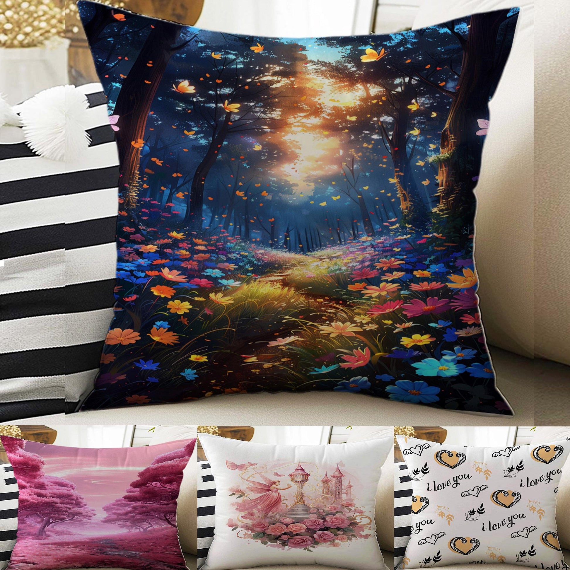 Kids Room Decor Girls Garden Floral Flowers Pillow Covers, Bold Nursery Cushion & Decorative Children Throw Pillowcases for Playroom