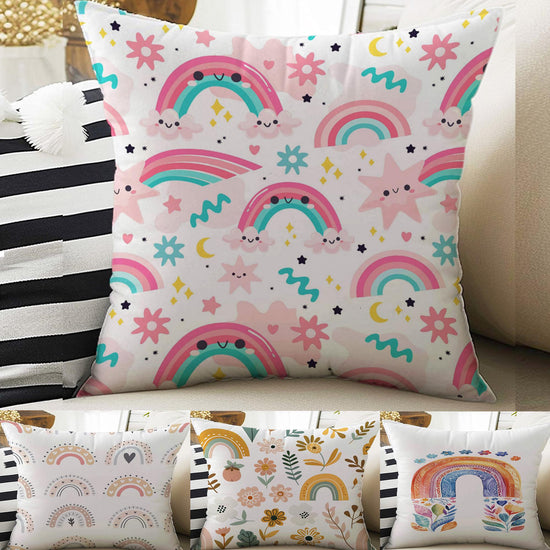 Kids Room Decor Colorful Pink Rainbow Clouds Pillow Covers, Bold Nursery Cushion & Decorative Children Throw Pillowcases for Playroom