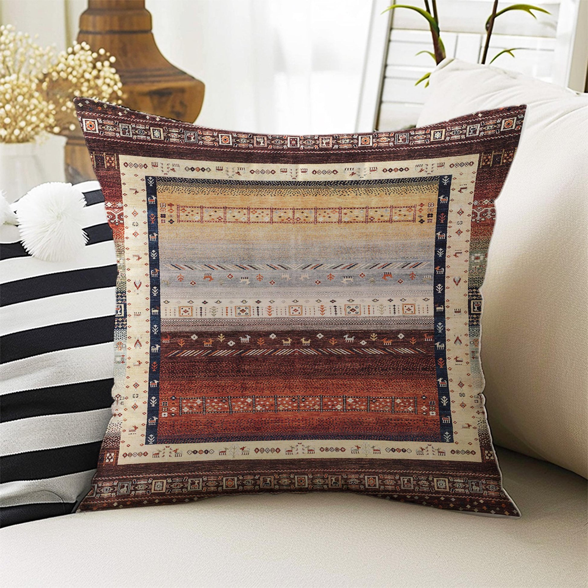 Rug Design Pillow Covers - Turkish Kilim Pattern Cushion Case, Ethnic Print Throw Pillow, Vintage Style Accent Pillow Covers