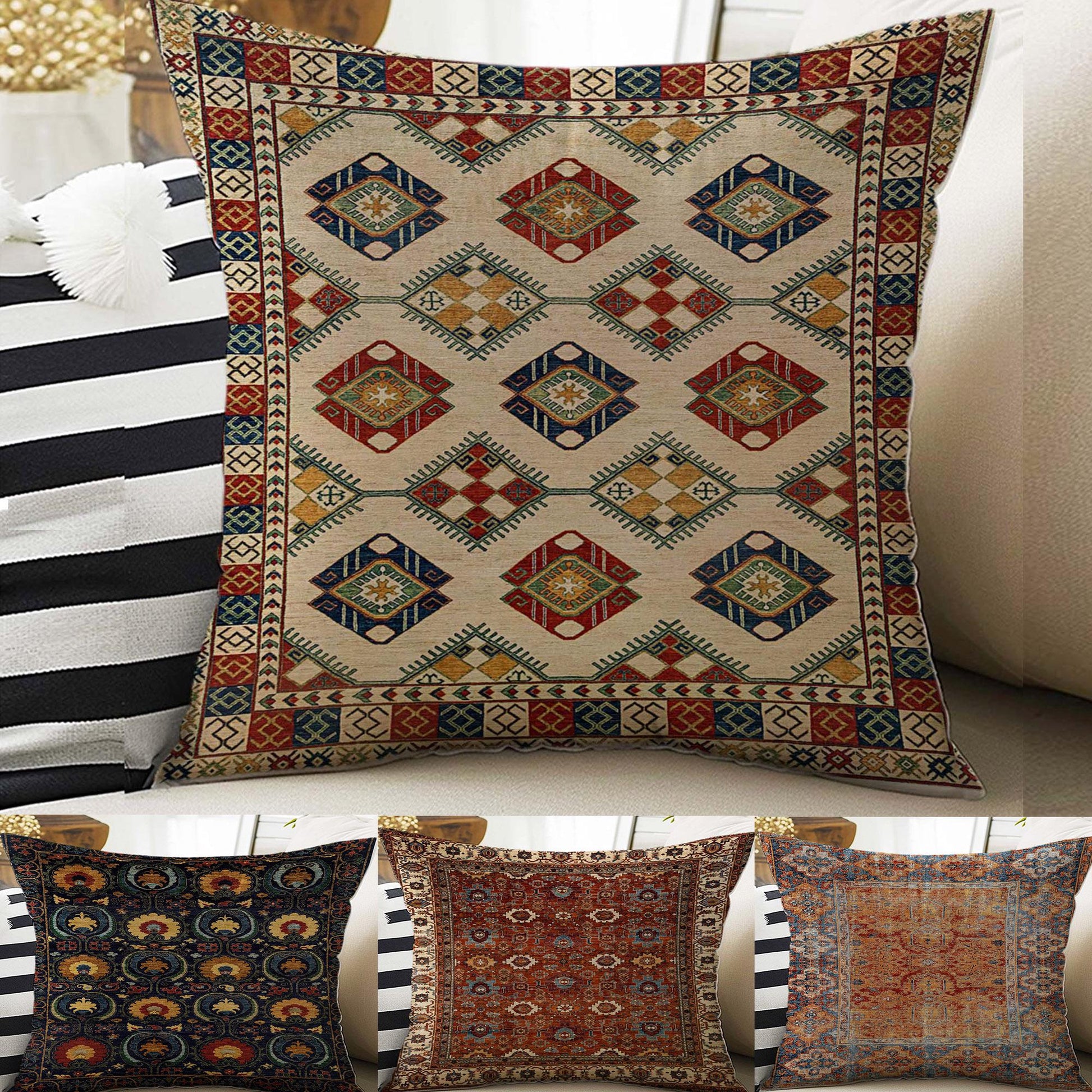 Turkish Kilim Pillow Covers - Vintage Rug Design Cushion Case, Retro Print Throw Pillow Accent for Boho Home Decor