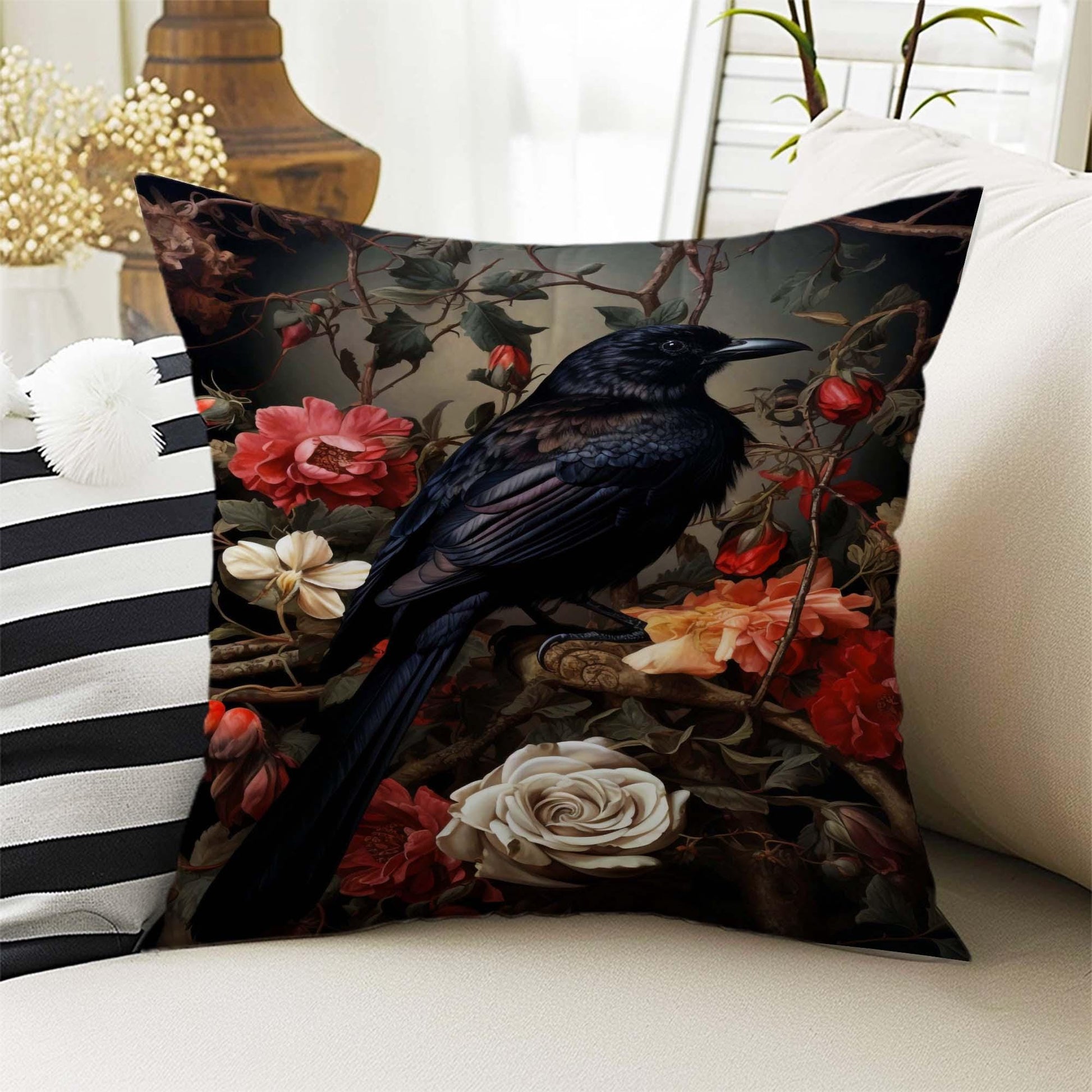 Dark Academia Pillow Cover, Gothic Raven Cushion, Goth Crow Decorative Throw Pillowcase, Moody Home Decor Accent