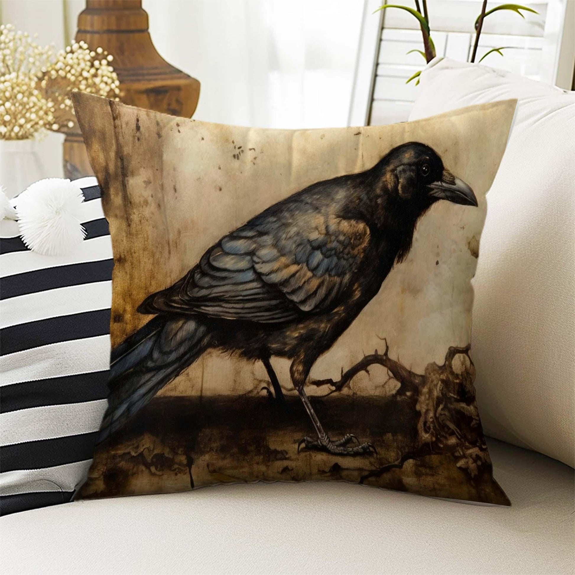 Dark Academia Pillow Cover, Gothic Raven Cushion, Goth Crow Decorative Throw Pillowcase, Moody Home Decor Accent