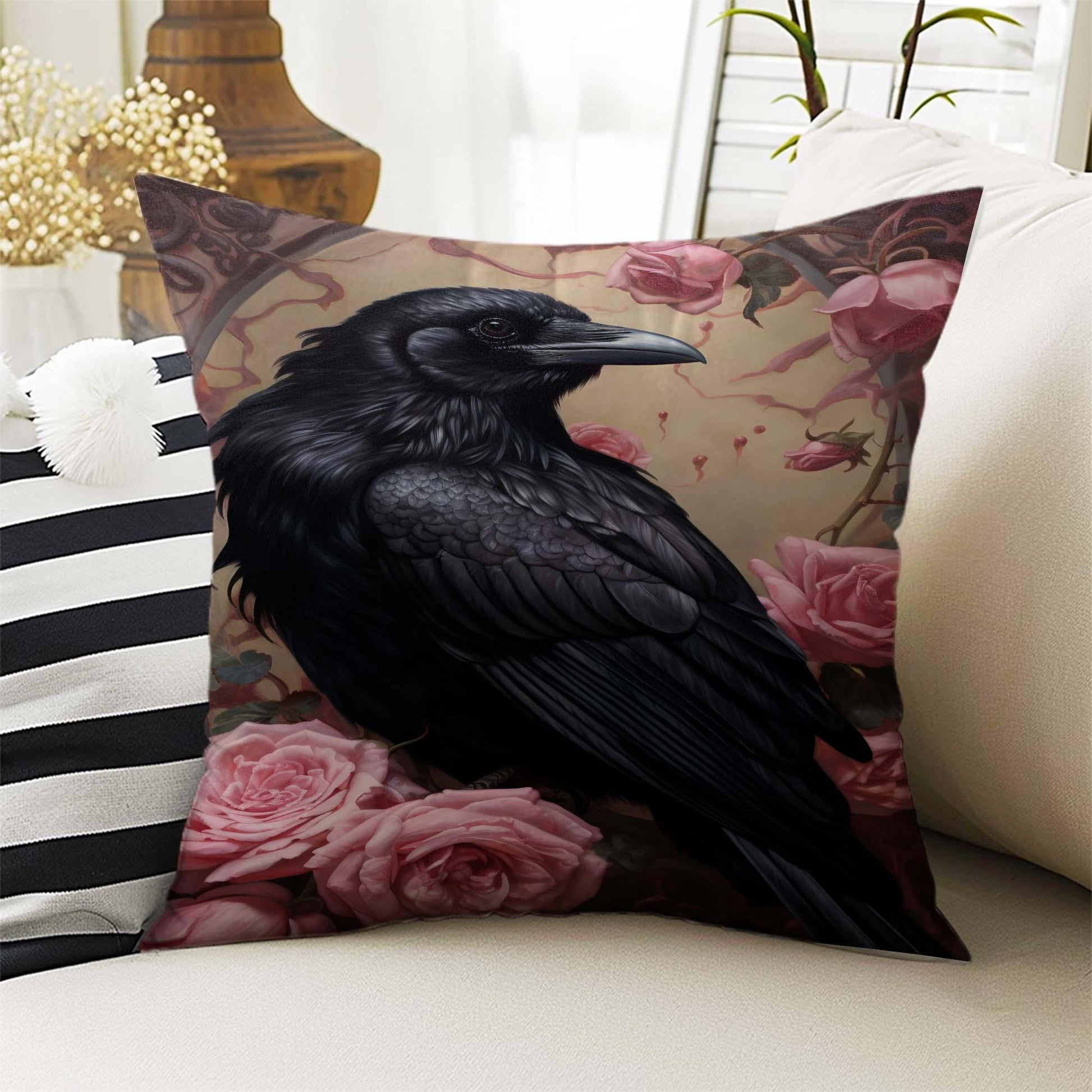 Dark Academia Pillow Cover, Gothic Raven Cushion, Goth Crow Decorative Throw Pillowcase, Moody Home Decor Accent