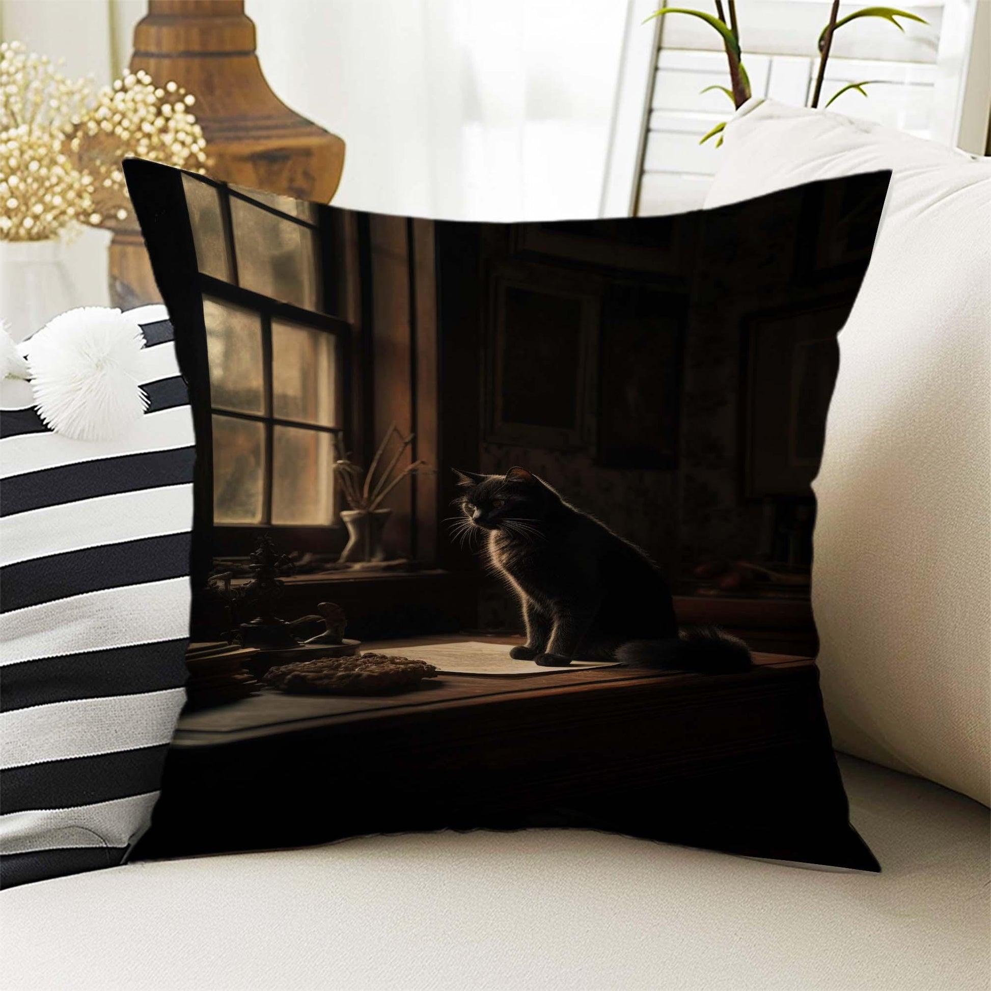 Dark Academia Pillow Cover, Gothic Cats Cushion, Victorian Black Cat Decorative Throw Pillowcase, Moody Home Decor Accent
