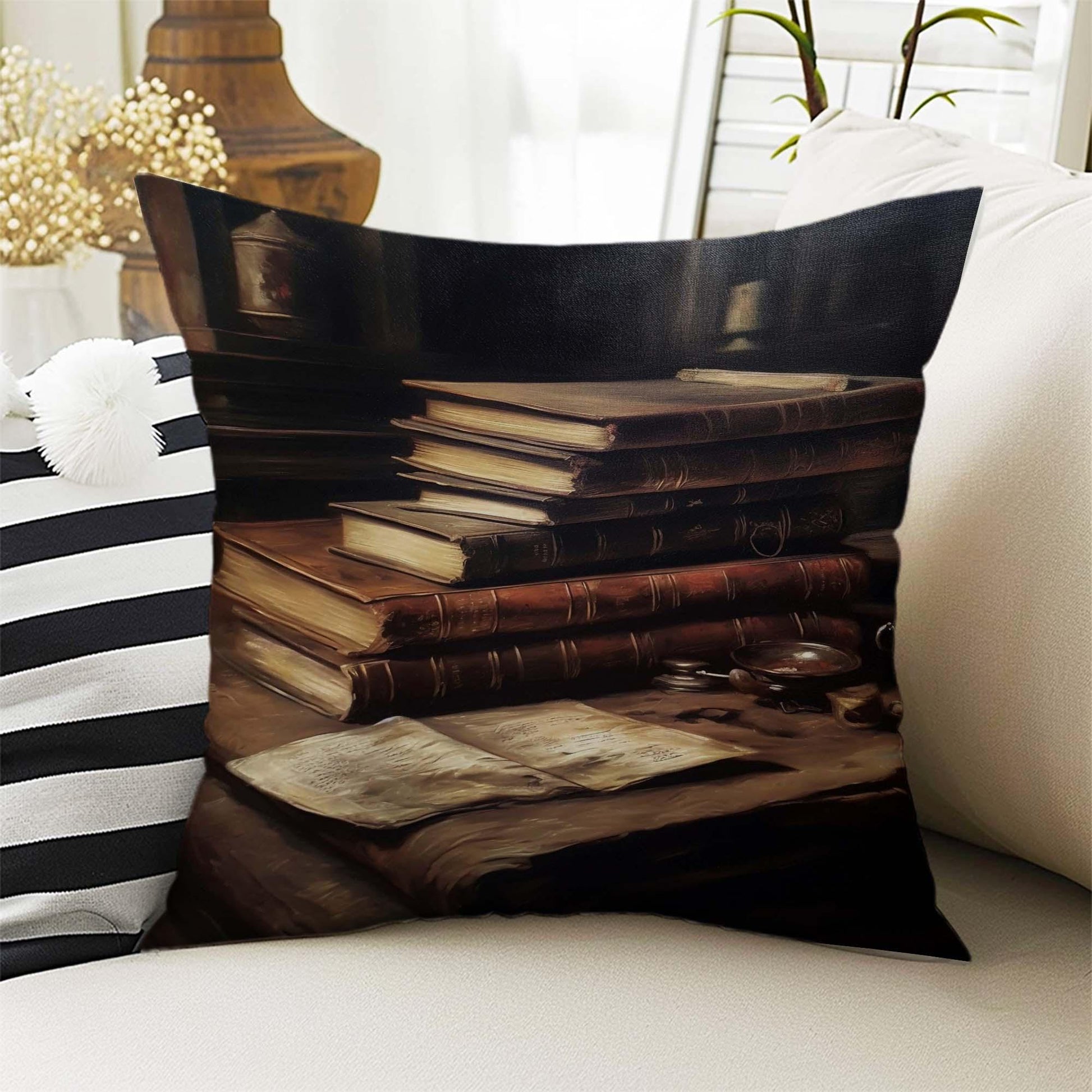 Dark Academia Pillow Cover, Gothic Books Cushion, Goth Library Decorative Throw Pillowcase, Moody Home Decor Accent
