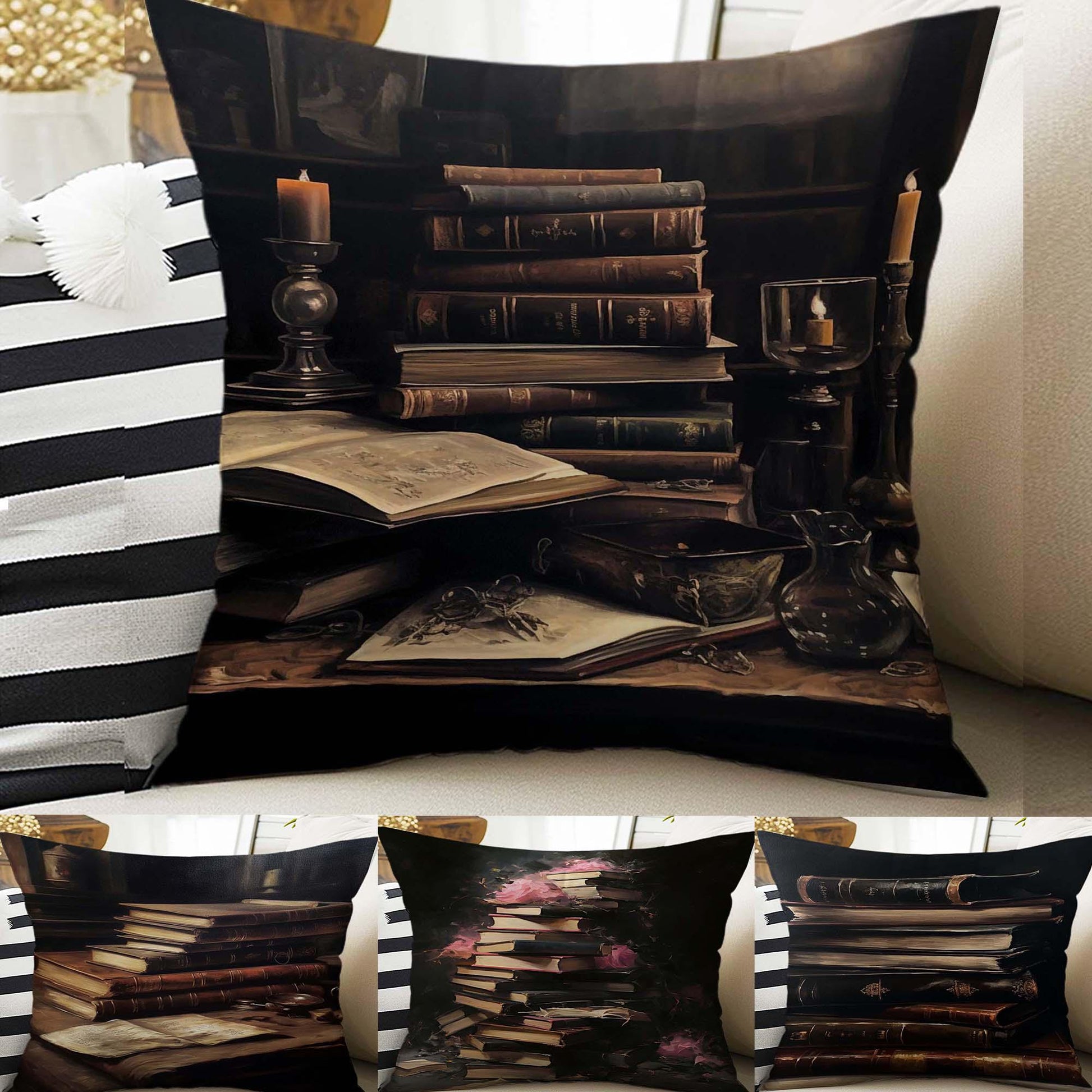 Dark Academia Pillow Cover, Gothic Books Cushion, Goth Library Decorative Throw Pillowcase, Moody Home Decor Accent