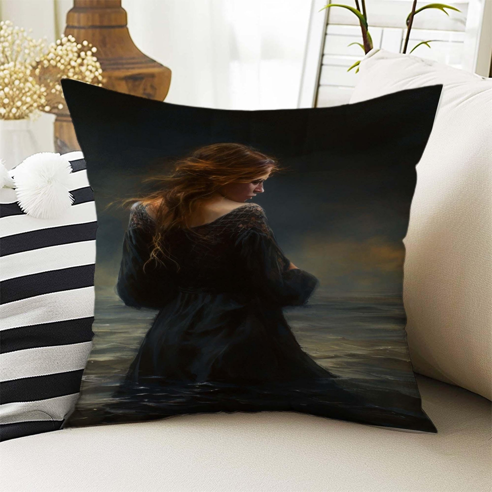 Dark Academia Pillow Cover, Gothic Girl Cushion, Goth Women Decorative Throw Pillowcase, Moody Home Decor Accent