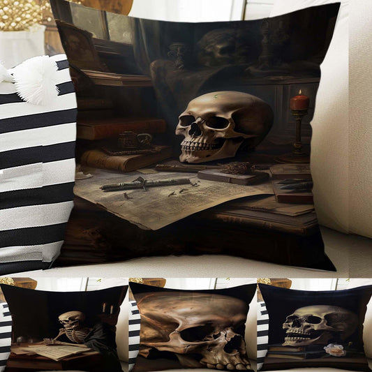 Dark Academia Pillow Cover, Gothic Skull Cushion, Goth Skeleton Decorative Throw Pillowcase, Moody Home Decor Accent