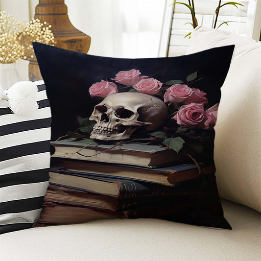 Dark Academia Pillow Cover, Gothic Skull Cushion, Goth Pink Roses Decorative Throw Pillowcase, Moody Home Decor Accent