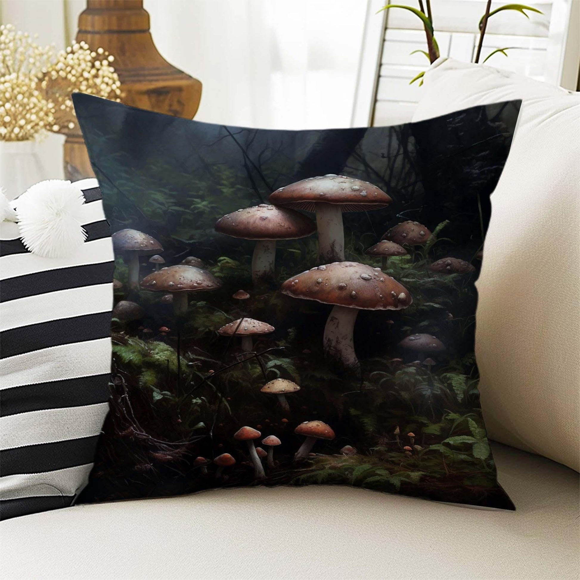 Dark Academia Pillow Cover, Gothic Mushroom Cushion, Goth Magic Decorative Throw Pillowcase, Moody Home Decor Accent
