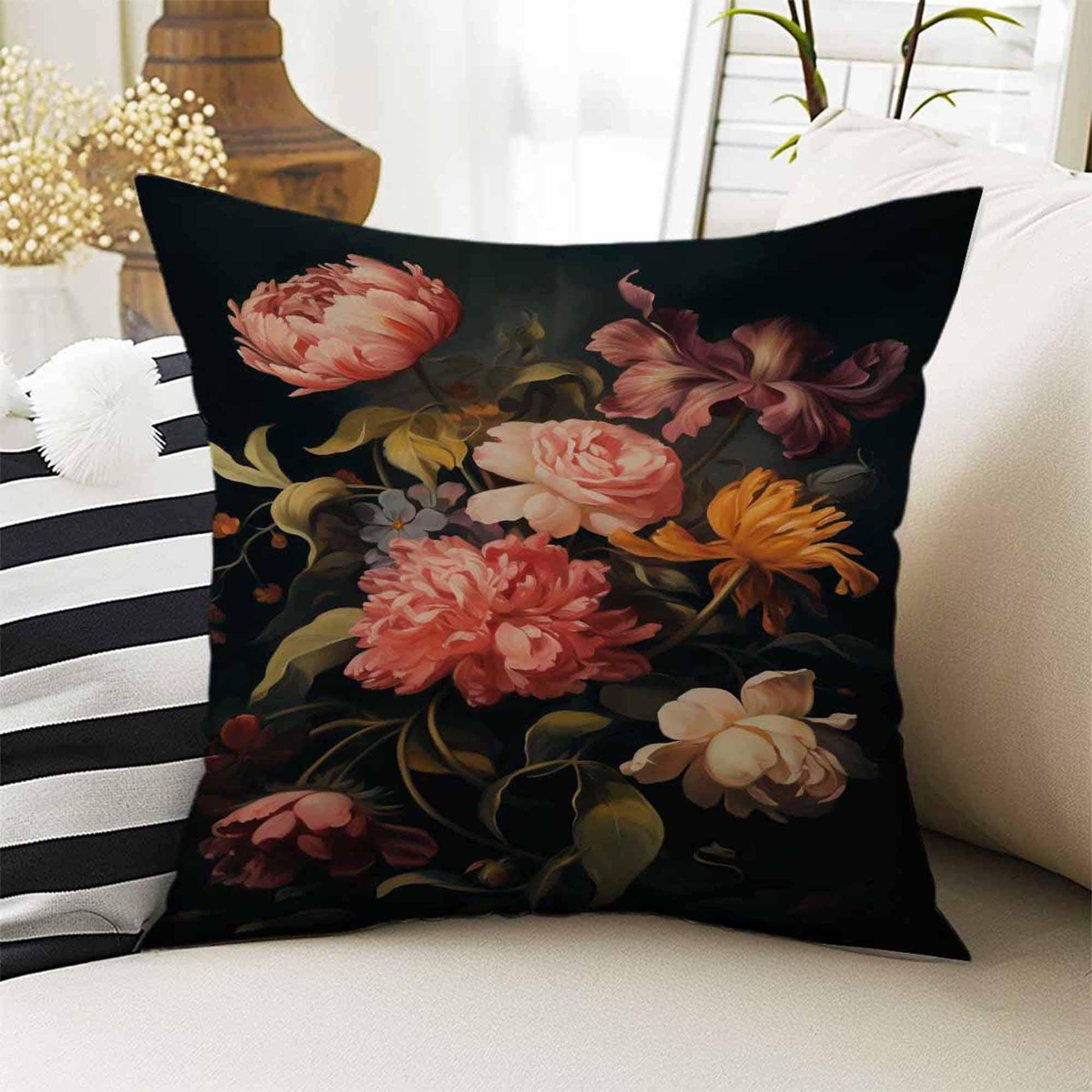 Dark Academia Moody Pillow Cover, Victorian Flowers Cushion, Decorative Throw Pillowcase, Dark Cottagecore Floral Home Decor