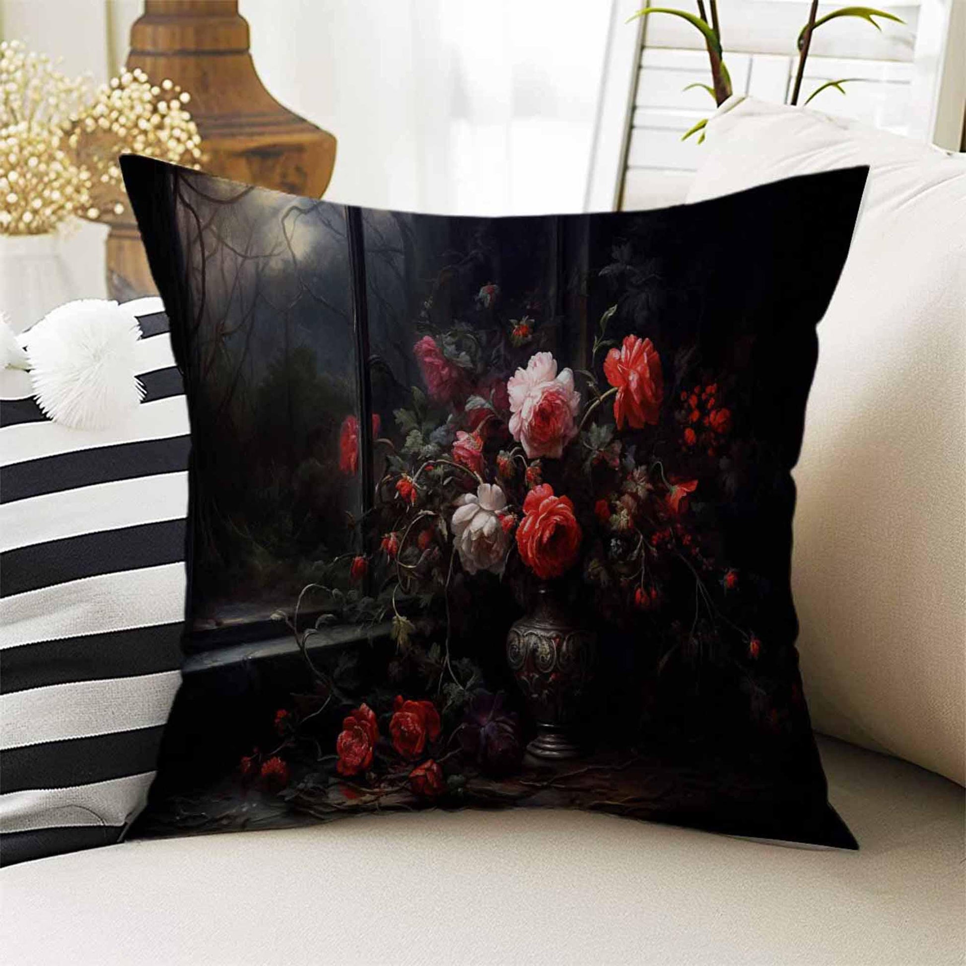 Dark Academia Moody Pillow Cover, Victorian Flowers Cushion, Decorative Throw Pillowcase, Dark Cottagecore Floral Home Decor