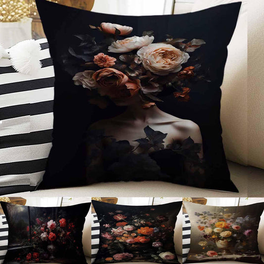 Dark Academia Moody Pillow Cover, Victorian Flowers Cushion, Decorative Throw Pillowcase, Dark Cottagecore Floral Home Decor