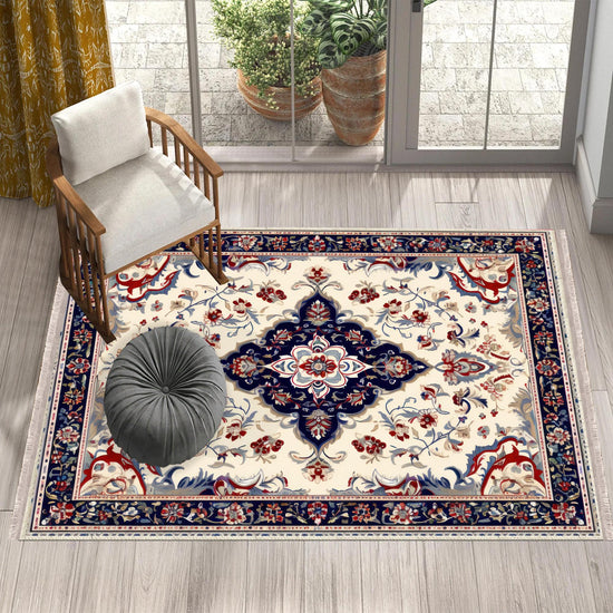 Persian Vintage Style Rug Navy Blue Red Carpet, Soft Textured Kitchen Runner, Bohemian Area Rugs for Living Room & Bedroom