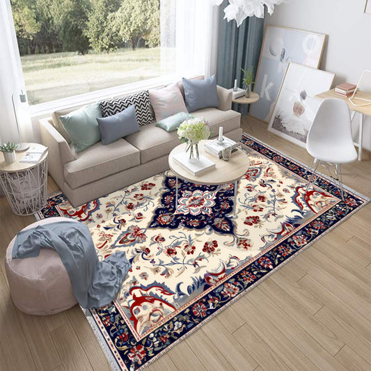 Persian Vintage Style Rug Navy Blue Red Carpet, Soft Textured Kitchen Runner, Bohemian Area Rugs for Living Room & Bedroom
